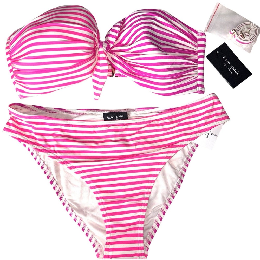 New Strapless Bikini Kate Spade New York Pink Striped Bandeau Womens Large